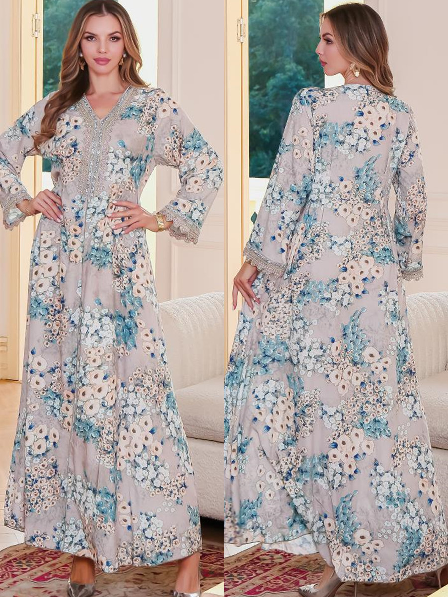 Embroidery Kebaya - ผู้หญิงมุสลิมดูไบ Abaya เย็บปักถักร้อยหรูหรา Patchwork พิมพ์ชุด Kaftan