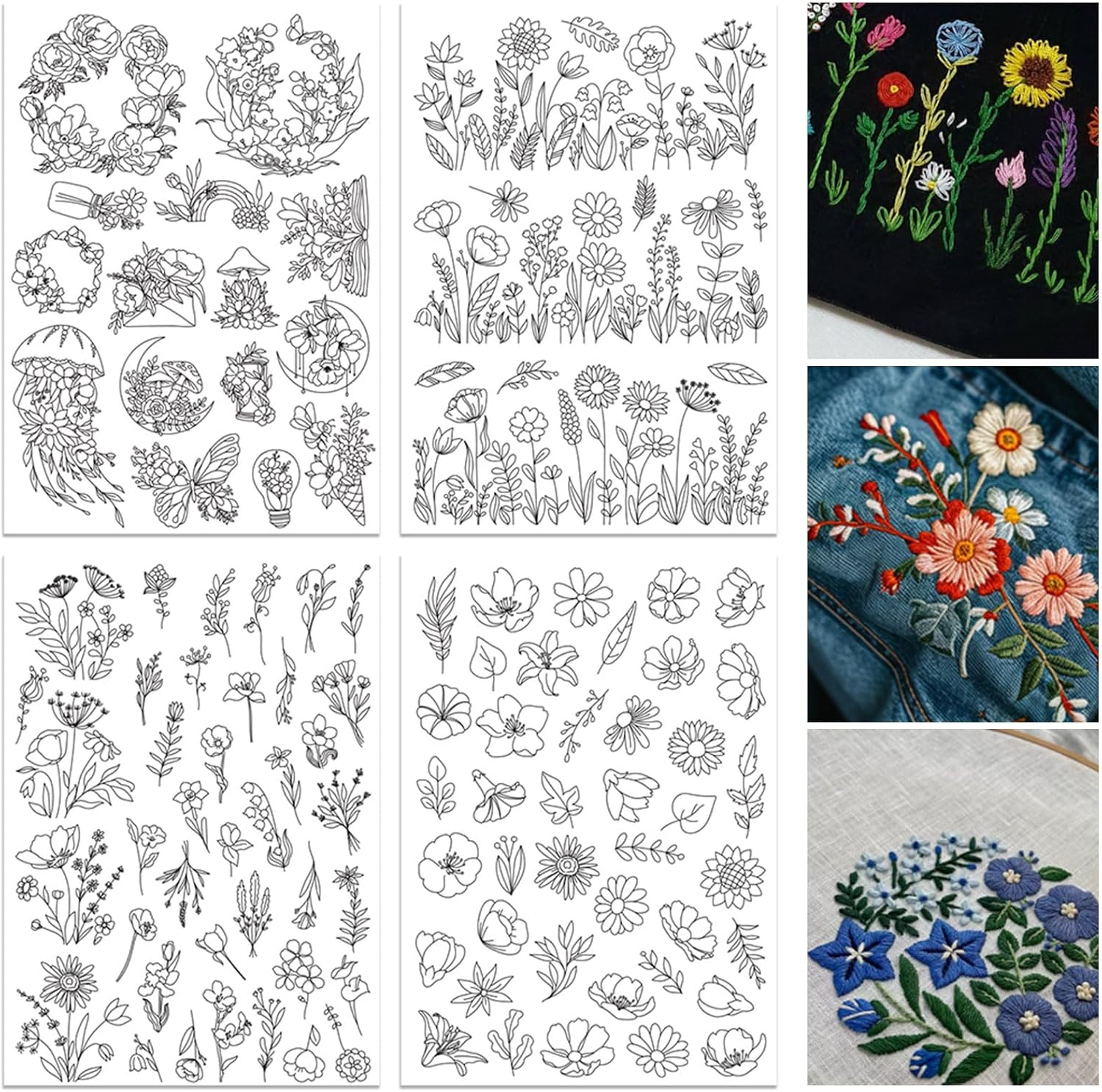 Embroidery Meaning - 4 แผ่นน้ําเย็บปักถักร้อยรูปแบบคงตัวพิมพ์ดอกไม้ Stick & Stitch เย็บปักถักร้อยกระดาษสําหรับคนรักเย็บผ้ามือ