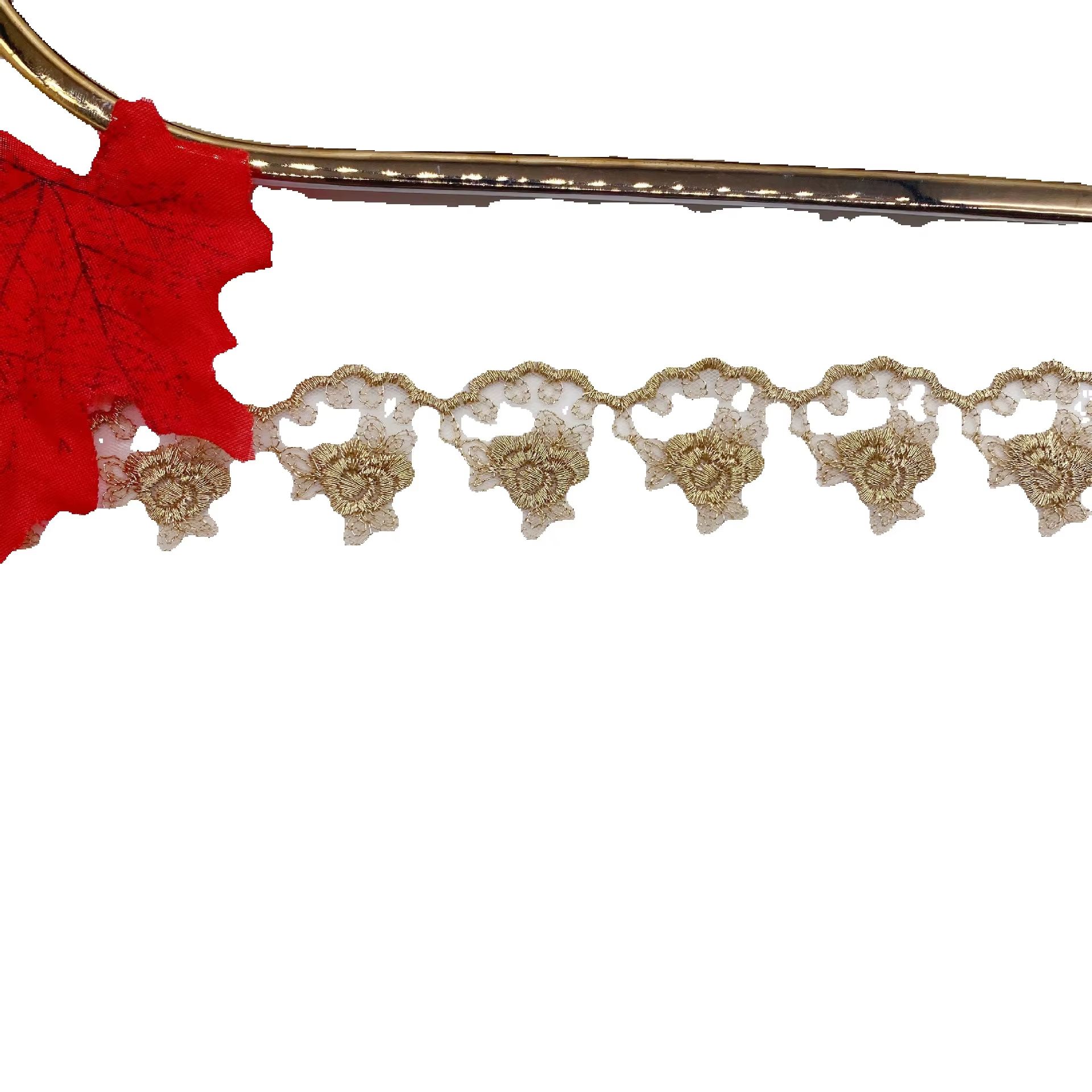 Embroidery Rose - ผ้าลูกไม้ตาข่ายปักลายดอกกุหลาบด้วยด้ายสีทอง สำหรับงาน DIY งานแต่งงาน ชุดชั้นในทำมือ ชุดโลลิต้า