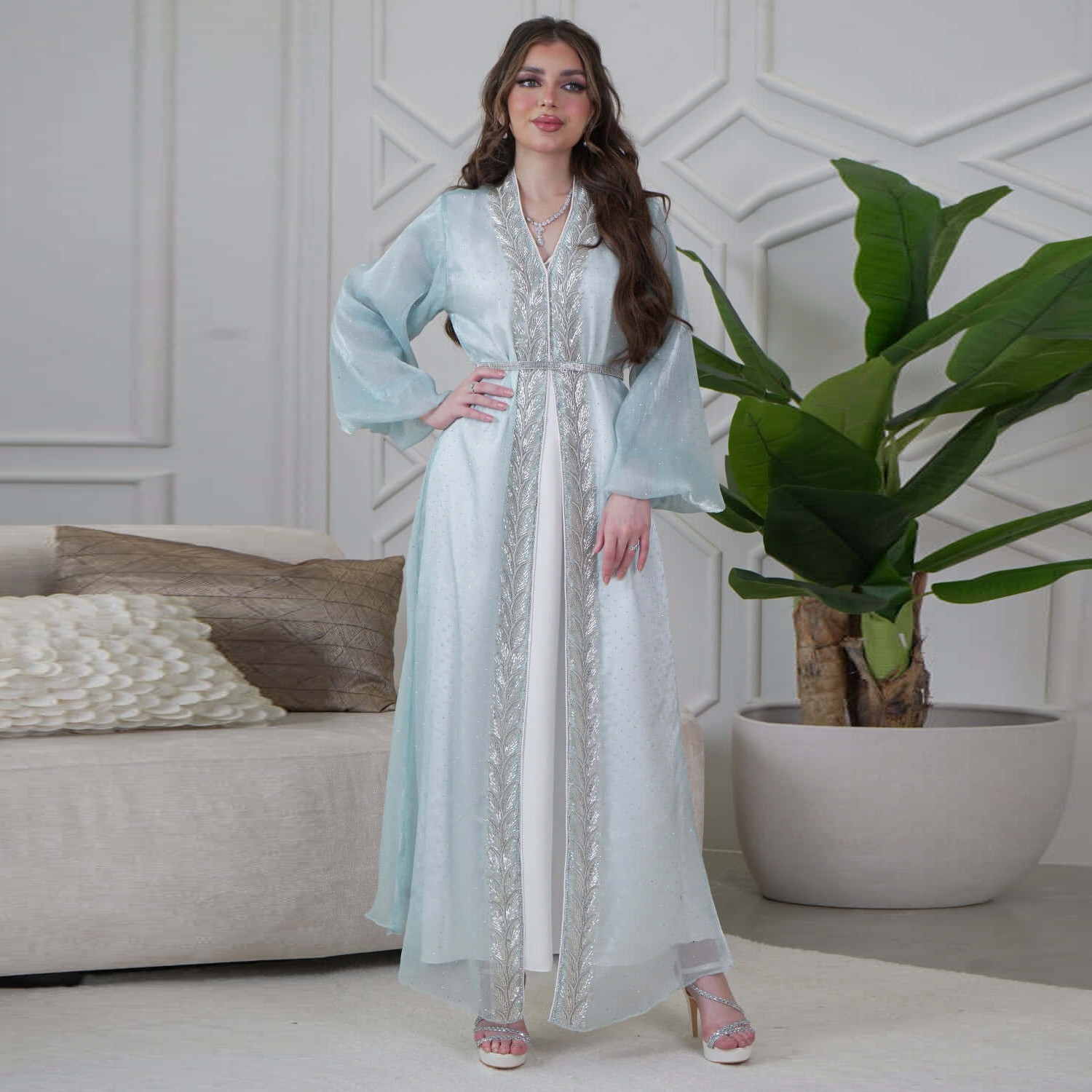 Eid Mubarak Djellaba ชุดกิโมโน - Embroidery Kebaya บทวิจารณ์และราคา