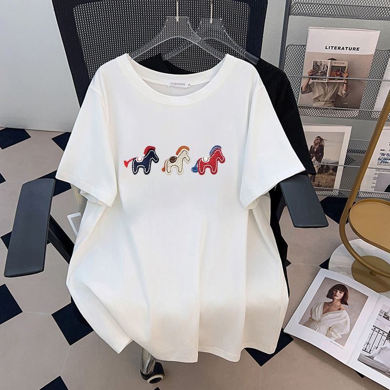เสื้อยืดปักลายม้าทรงหลวม แขนสั - Embroidery Cotton Shirt บทวิจารณ์และราคา