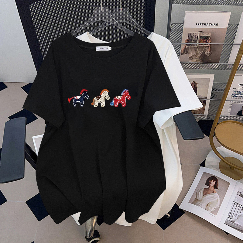 เสื้อยืดปักลายม้าทรงหลวม แขนสั - Embroidery Cotton Shirt บทวิจารณ์และราคา