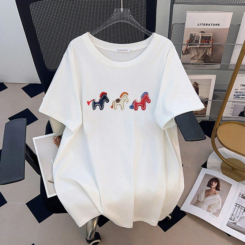 เสื้อยืดปักลายม้าทรงหลวม แขนสั - Embroidery Cotton Shirt บทวิจารณ์และราคา