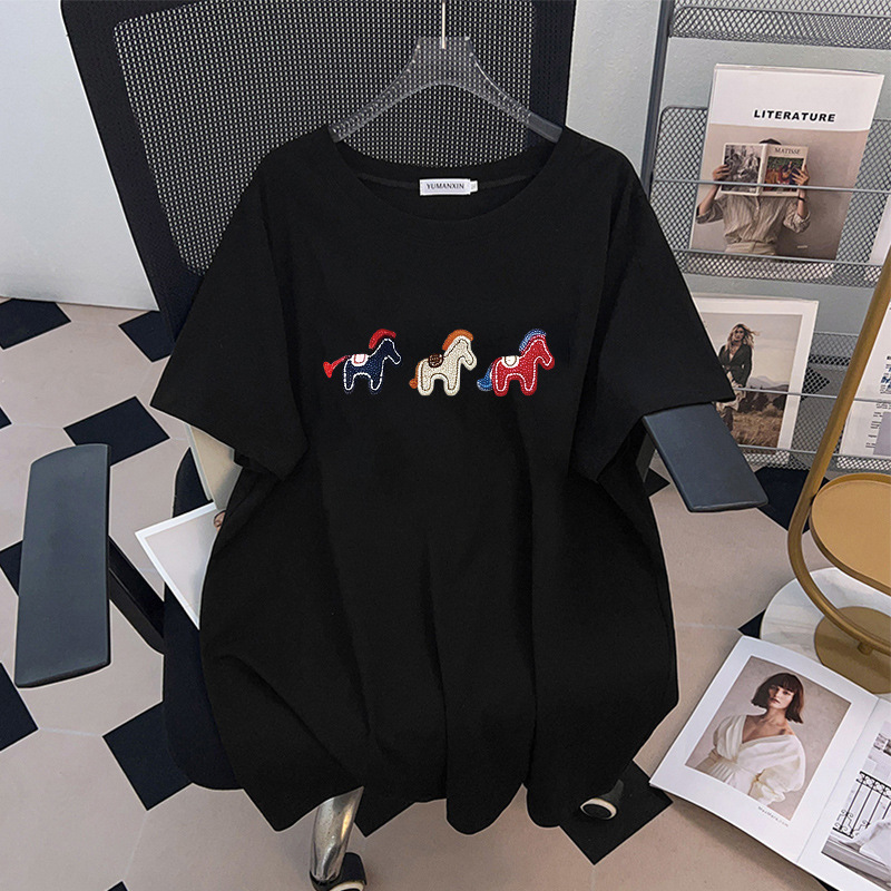 เสื้อยืดปักลายม้าทรงหลวม แขนสั - Embroidery Cotton Shirt บทวิจารณ์และราคา